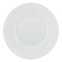 A white, round porcelain dinner plate with a wide rim.
