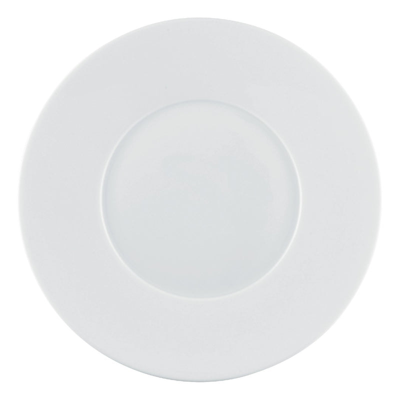 A white, round porcelain dinner plate with a wide rim.