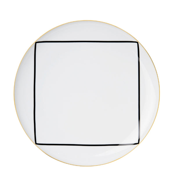 Porcelain coup shaped dinner plate from my china ca d oro collection featuring black square design and gold rim by sieger furstenberg