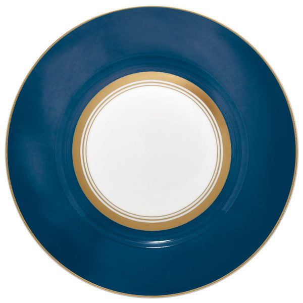 Dinner Plate Flat Rim No.2 Cristobal Marine porcelain by Raynaud with marine blue border and gold rim