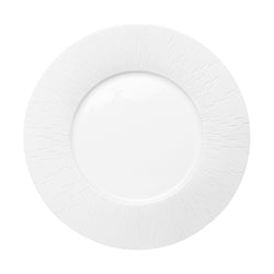 A white porcelain dinner plate with a textured engraving pattern.