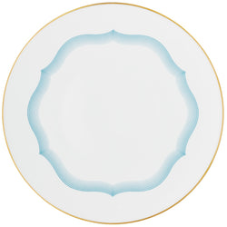 Dinner Plate No.2 Aura collection by Raynaud in Limoges porcelain with scalloped blue lines and gold rim.