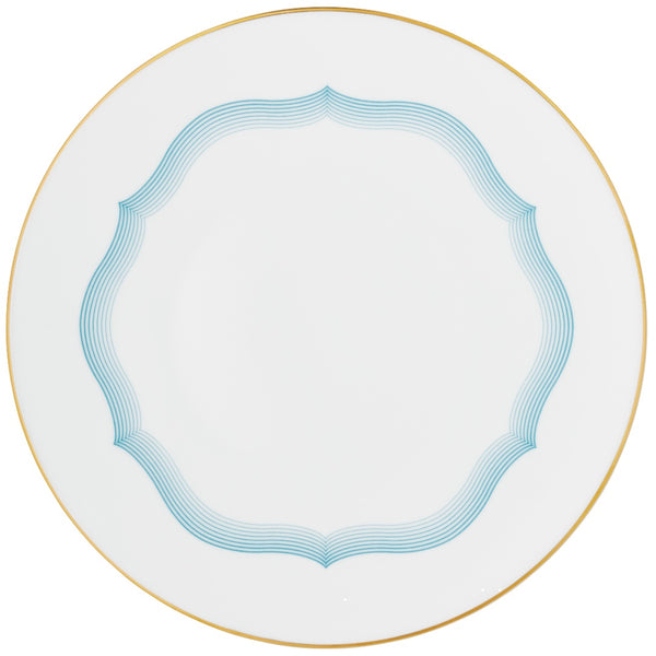Dinner Plate No.2 Aura collection by Raynaud in Limoges porcelain with scalloped blue lines and gold rim.