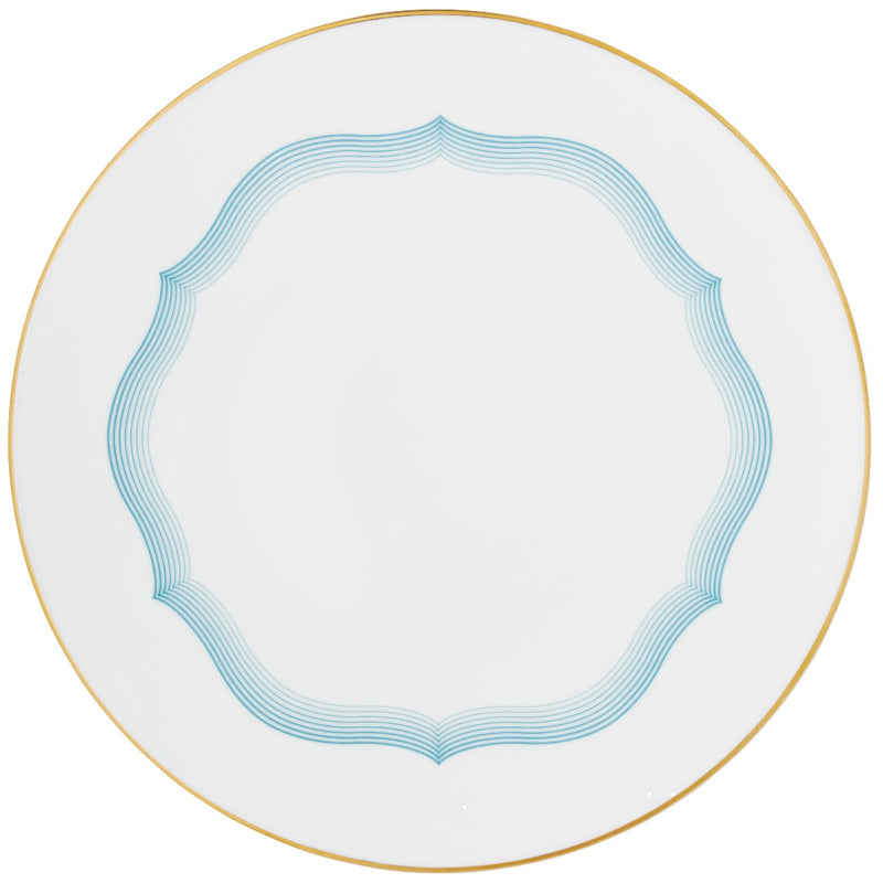 Dinner Plate No.2 Aura collection by Raynaud in Limoges porcelain with scalloped blue lines and gold rim.