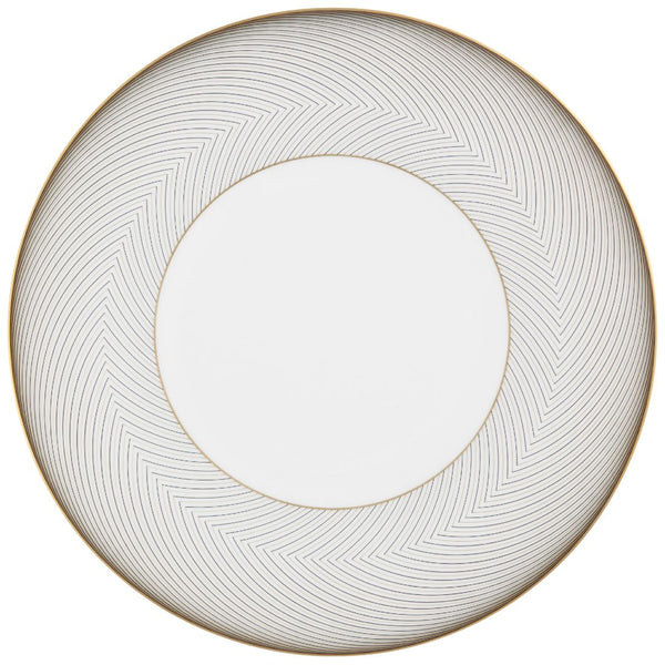 A round white porcelain dinner plate with slender black and gold curves, designed with a geometric pattern.