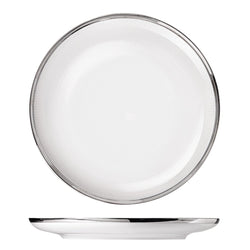 A white porcelain dinner plate with a textured edge and a shiny platinum finish in the center, with no visible contents.