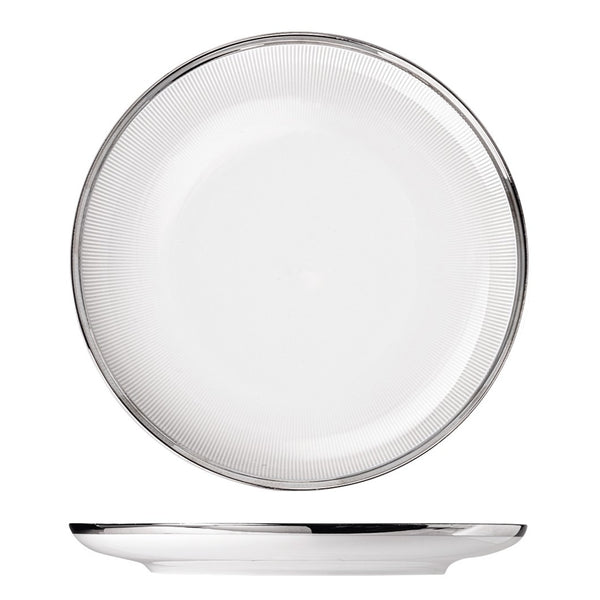A white porcelain dinner plate with a textured edge and a shiny platinum finish in the center, with no visible contents.