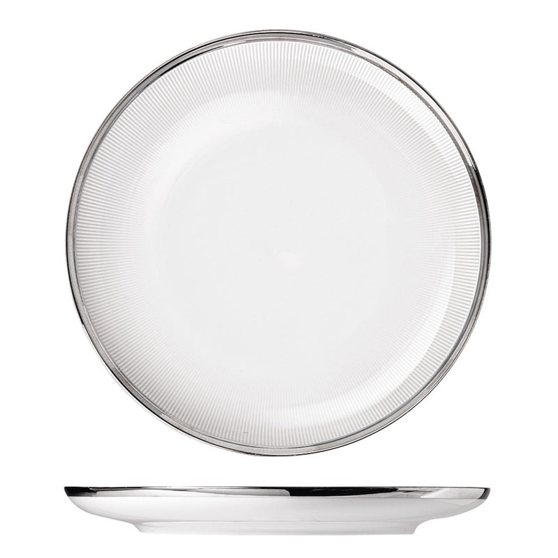 A white porcelain dinner plate with a textured edge and a shiny platinum finish in the center, with no visible contents.