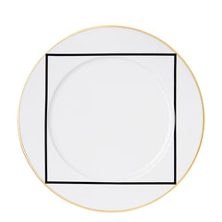 Porcelain dinner plate with rim from my china ca d oro collection featuring black square border and gold accent by sieger furstenberg