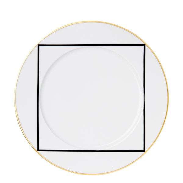 Porcelain dinner plate with rim from my china ca d oro collection featuring black square border and gold accent by sieger furstenberg