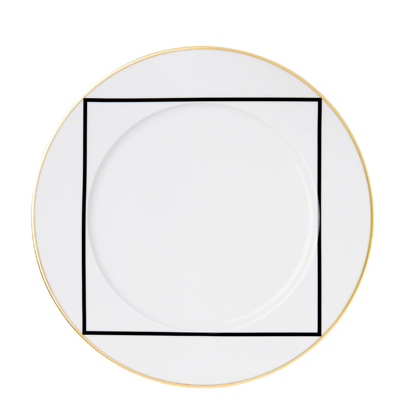 Porcelain dinner plate with rim from my china ca d oro collection featuring black square border and gold accent by sieger furstenberg