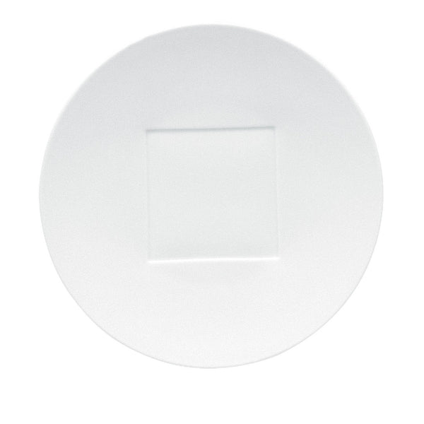 A white square porcelain center plate with a subtle floral pattern around the edge.