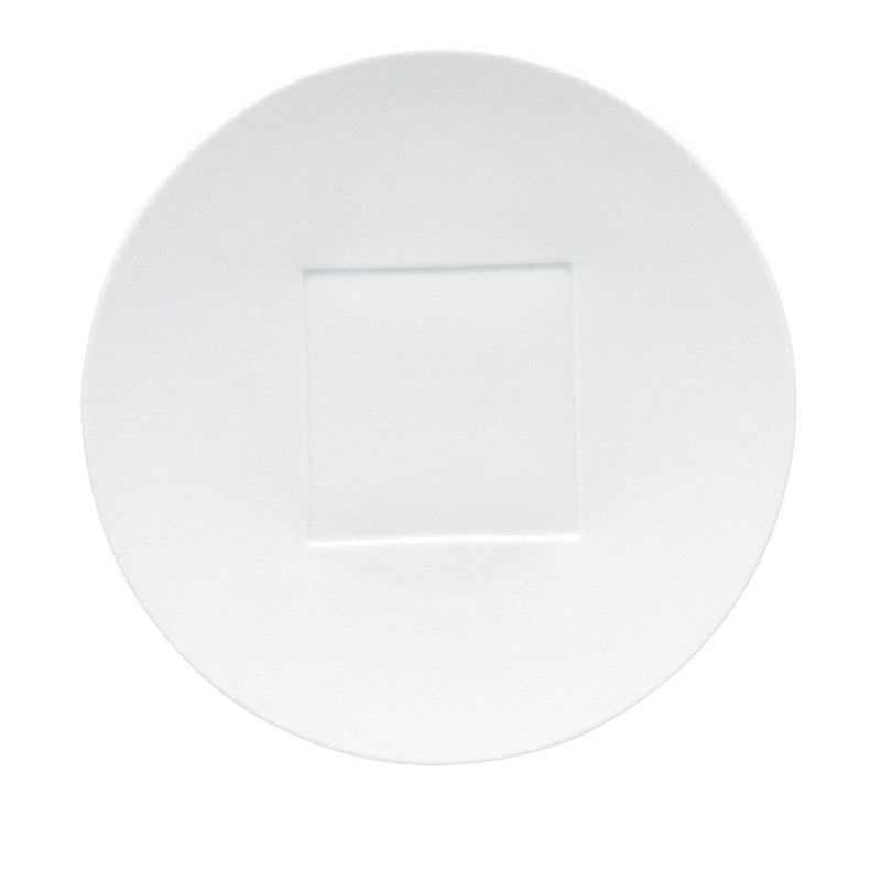 A white square porcelain center plate with a subtle floral pattern around the edge.