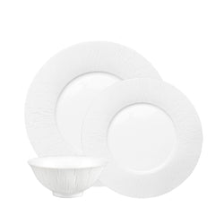 A set of white porcelain dinnerware, including 4 dinner plates, 4 dessert plates, and 4 soup bowls, presented against a white background.