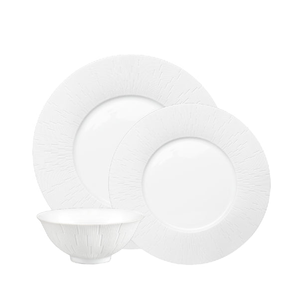 A set of white porcelain dinnerware, including 4 dinner plates, 4 dessert plates, and 4 soup bowls, presented against a white background.