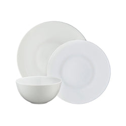 A set of white porcelain dinnerware, including 1 dinner plate, 1 dessert plate, and 1 soup bowl, arranged for display.