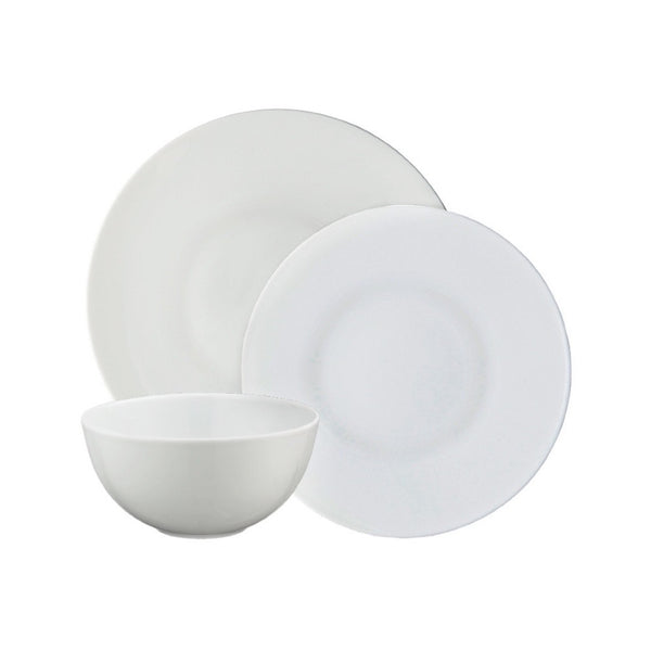 A set of white porcelain dinnerware, including 1 dinner plate, 1 dessert plate, and 1 soup bowl, arranged for display.