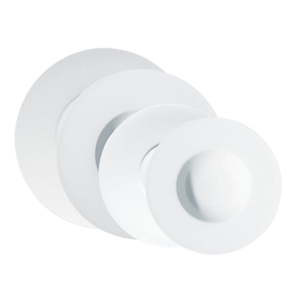 A set of white porcelain dinnerware, including dinner plates, dessert plates, and soup/breakfast small deep plates, laid out on a neutral background.
