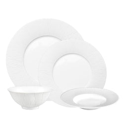 A 16-piece dinnerware set in white, including 4 dinner plates, 4 dessert plates, 4 soup/breakfast bowls, and 4 soup/pasta plates, all with a counter-relief engraving pattern.