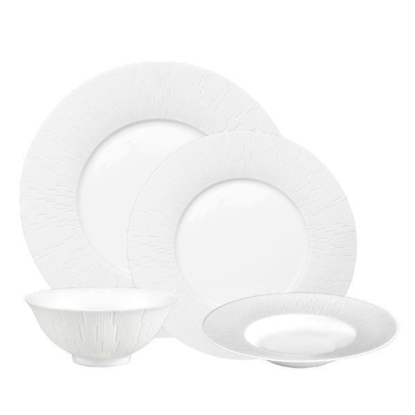 A 16-piece dinnerware set in white, including 4 dinner plates, 4 dessert plates, 4 soup/breakfast bowls, and 4 soup/pasta plates, all with a counter-relief engraving pattern.