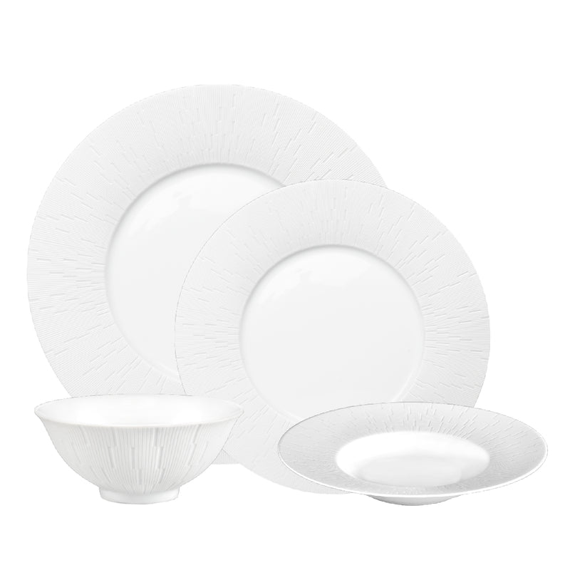 A 16-piece dinnerware set in white, including 4 dinner plates, 4 dessert plates, 4 soup/breakfast bowls, and 4 soup/pasta plates, all with a counter-relief engraving pattern.