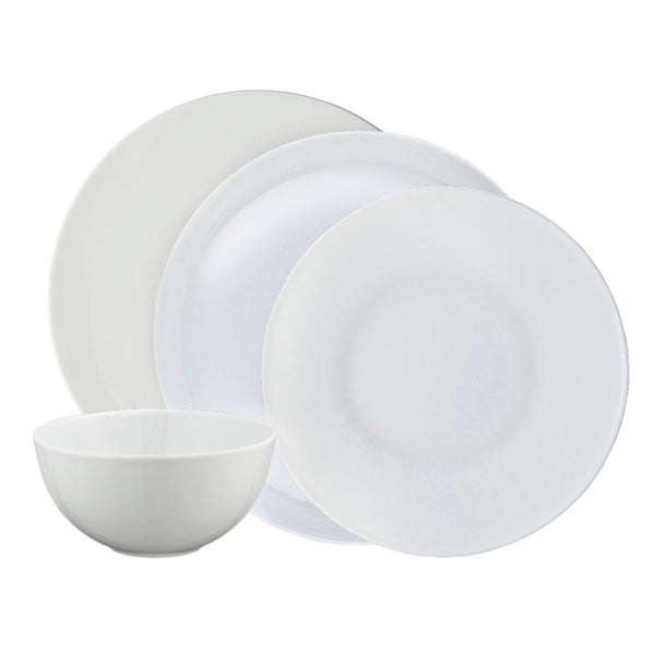 A set of white porcelain dinnerware, including 4 dinner plates, 4 dessert plates, 4 soup/breakfast bowls, and 4 soup/pasta deep plates, arranged neatly.