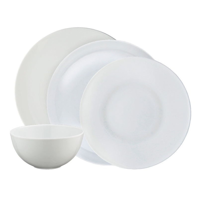 A set of white porcelain dinnerware, including 4 dinner plates, 4 dessert plates, 4 soup/breakfast bowls, and 4 soup/pasta deep plates, arranged neatly.