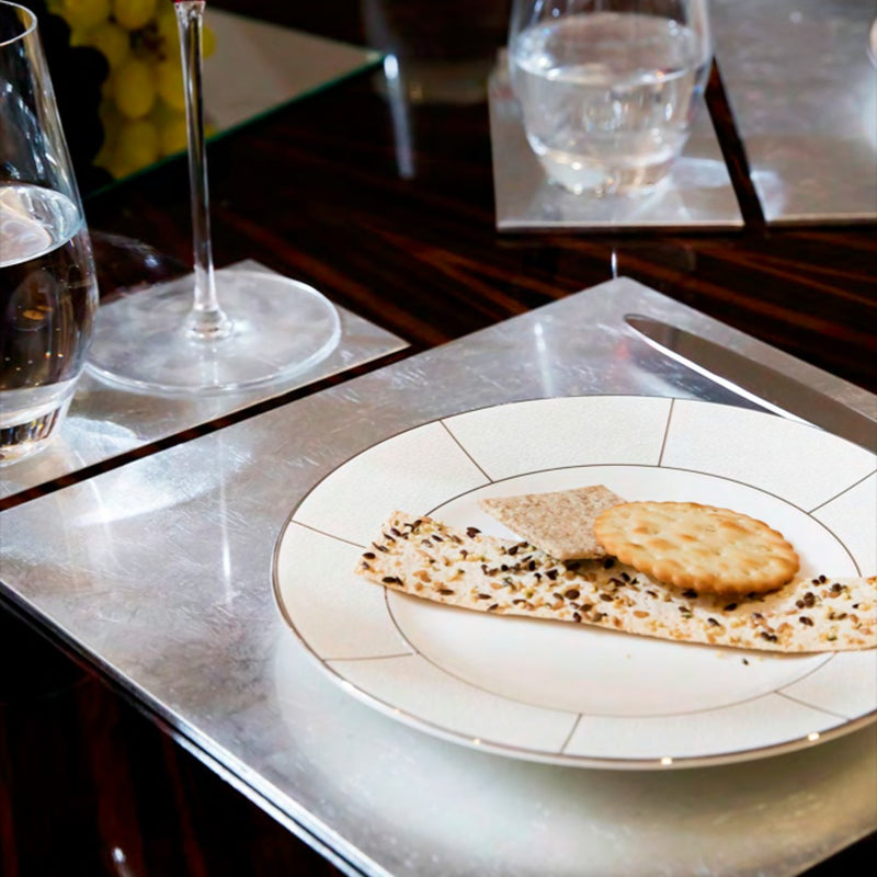 styled placing Double Silver Leaf coaster in silver by Posh Trading Company, luxury lacquered base for glassware 