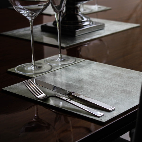 styled table Double Silver Leaf coaster in silver by Posh Trading Company, luxury lacquered base for glassware