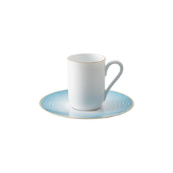 Espresso Cup and Saucer Aura by Raynaud in fine Limoges porcelain with golden rim and blue scalloped design.
