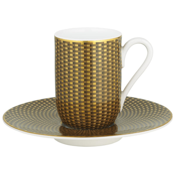 Raynaud Trésor brown porcelain espresso cup and saucer with gold-accented honeycomb design