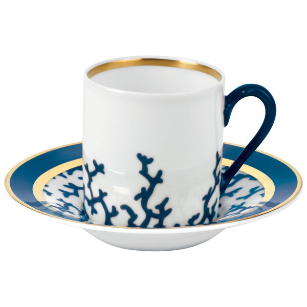 Espresso Cup and Saucer Cristobal Marine porcelain by Raynaud with marine blue coral motifs and gold accents