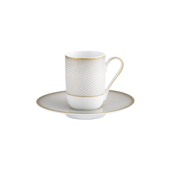 Espresso cup and saucer from the Oskar collection by Raynaud in Limoges porcelain with black and gold Bauhaus-inspired geometric design.