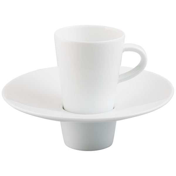 top view of the Hommage espresso cup and saucer by Raynaud, fine porcelain handcrafted in France with wide-rim layered design for luxury yachts, villas, and refined dining.

