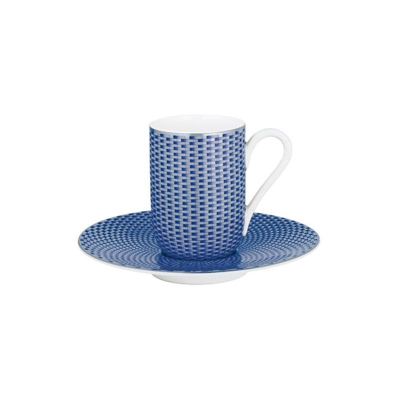 Raynaud Trésor Bleu Limoges porcelain espresso cup and saucer in cobalt blue with platinum honeycomb design