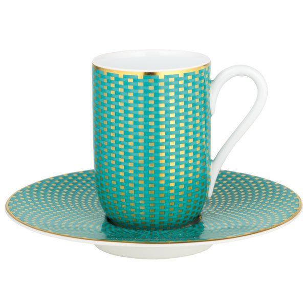 Raynaud Trésor turquoise porcelain espresso cup and saucer with gold-accented honeycomb design