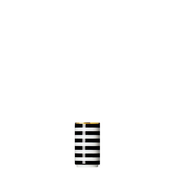 A porcelain espresso cup from my china ca d oro collection with black and white horizontal stripes and gold rim by sieger furstenberg