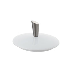 A white porcelain espresso cup lid with a metal handle on top, against a plain background.