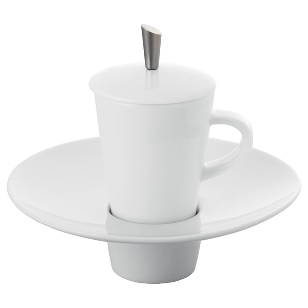 Hommage espresso cup lid by Raynaud, fine porcelain with stainless steel handle, handcrafted in France for luxury yachts, villas, and refined dining.


