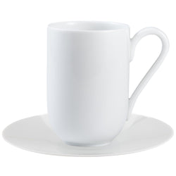 A white porcelain espresso cup with a handle on the side, placed on a matching white saucer.