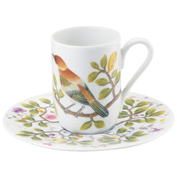 espresso cup and saucer white porcelain with floral and bird design