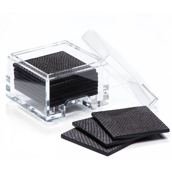 Faux Boa coasters set of 8 in charcoal with clear acrylic holder by Posh Trading Company
