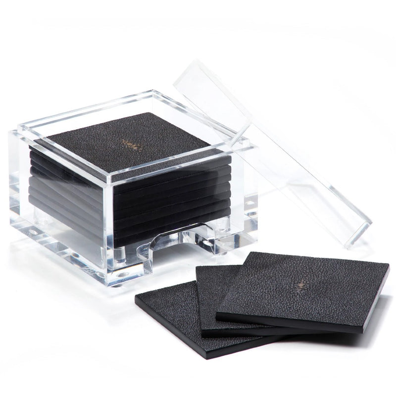 Faux Shagreen coasters set of 8 in chocolate with clear acrylic holder by Posh Trading Company