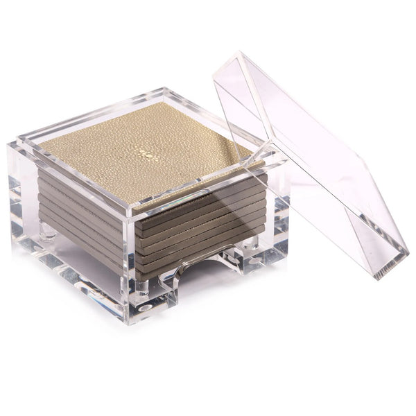 Faux Shagreen coasters set of 8 in natural with clear acrylic holder by Posh Trading Company