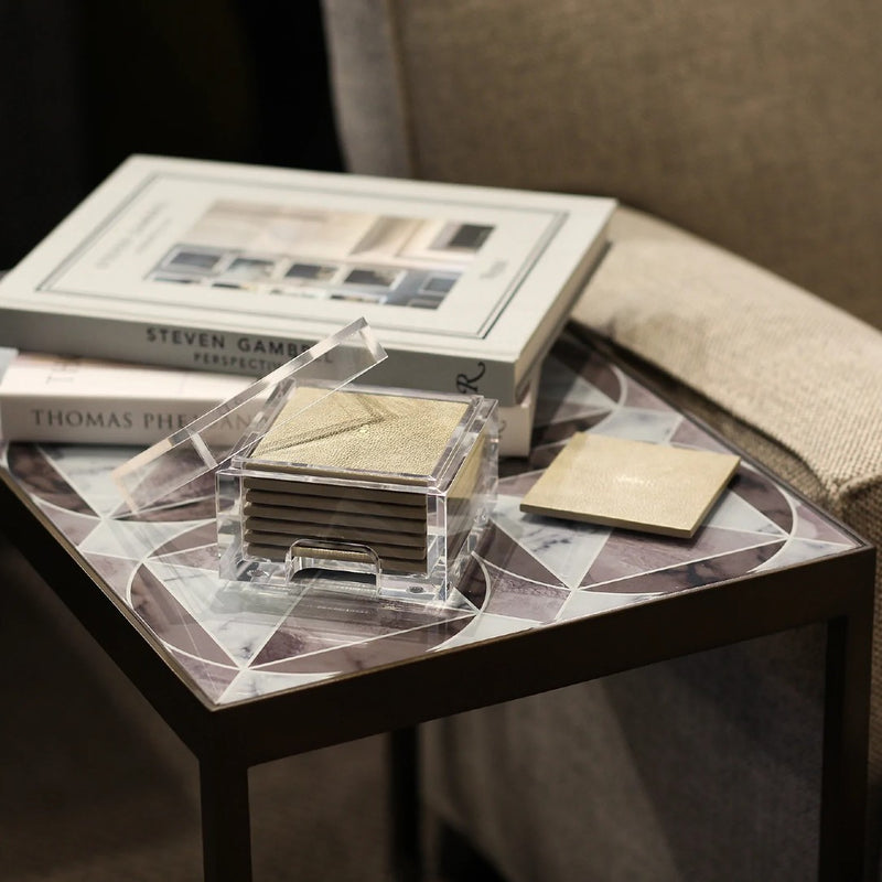 styled Faux Shagreen coasters set of 8 in natural with clear acrylic holder by Posh Trading Company