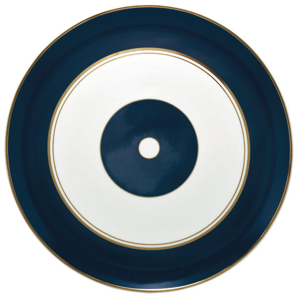 Flat Cake Serving Platter Cristobal Marine porcelain by Raynaud with marine blue coral motifs and gold accents
