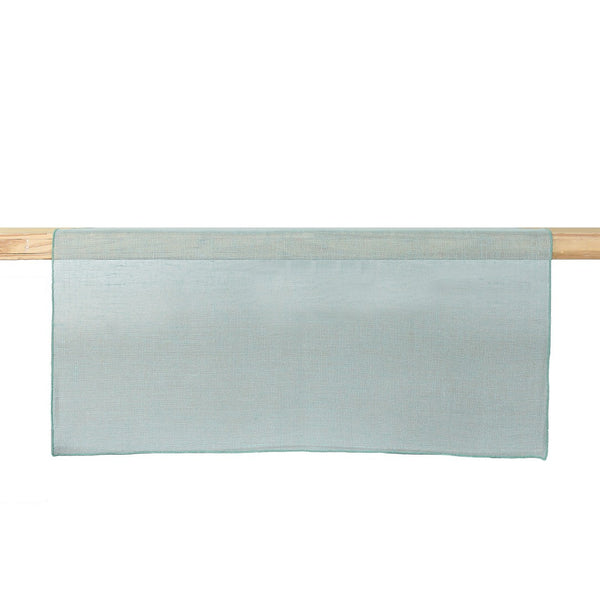 A sage green linen table runner with a drawstring hem, displayed on a white background.