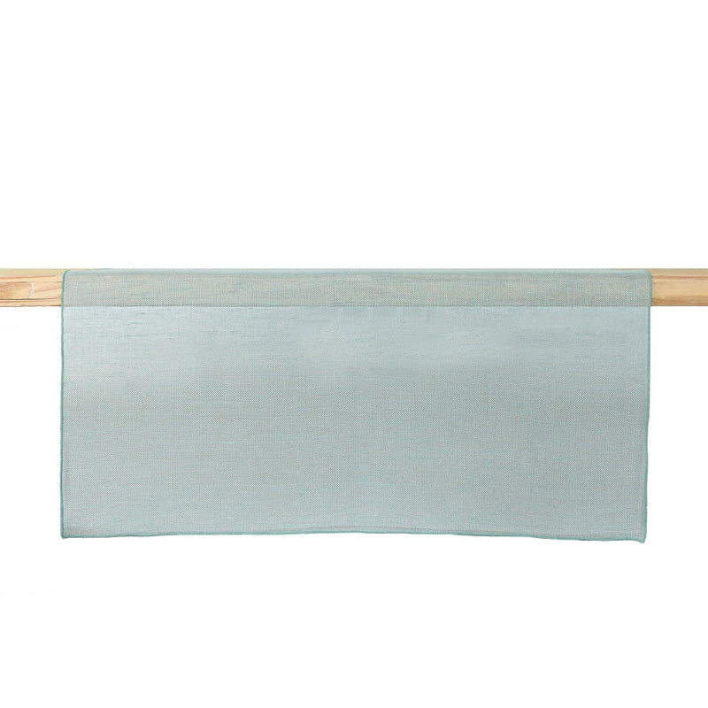 A sage green linen table runner with a drawstring hem, displayed on a white background.