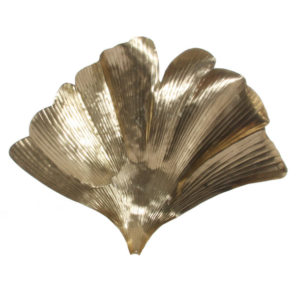 A decorative brass ginkgo leaf with a smooth and polished gold surface.