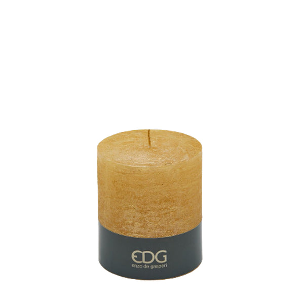 Pillar candle in gold rustic finish, 11cm tall by EDG with metallic texture and long burn time